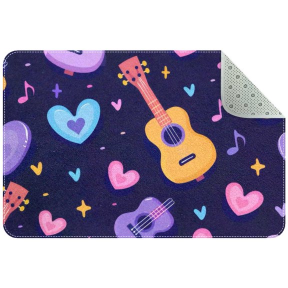 Cute Ukuleles with Musical Notes and Hearts Small Area Rug, Non-Slip Door Mat Indoor Floor Mat, Washable Kitchen Rug Entrance DMat for Bedroom Living Room
