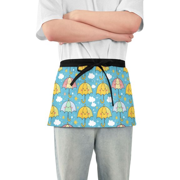 Cute Umbrella with Cloud Server Apron with 3 Pockets Waterproof Waitress Waist Short Apron for Man Woman 12 Inches