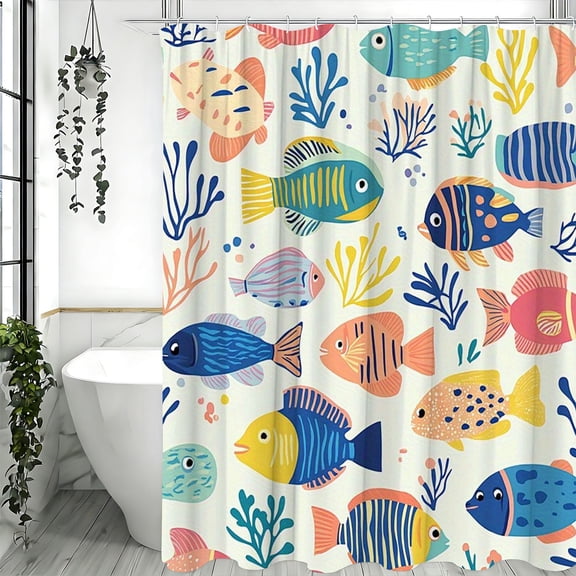 Cute Underwater Fish Shower Curtain Colorful Ocean Life Print Bathroom Decor
