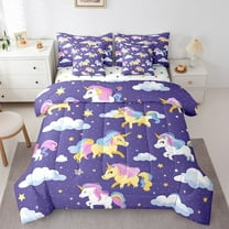 Cute Unicorn Bed In A Bag Twin Comforter Set 7 Piece,Rainbow Unicorn Bedding Sets Starry Sky Stars and Cloud Sheet Set with Comforter Kawaii Purple Room Decor