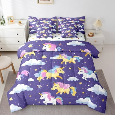 Cute Unicorn Bed In A Bag Twin Comforter Set 7 Piece,Rainbow Unicorn Bedding Sets Starry Sky Stars and Cloud Sheet Set with Comforter Kawaii Purple Room Decor