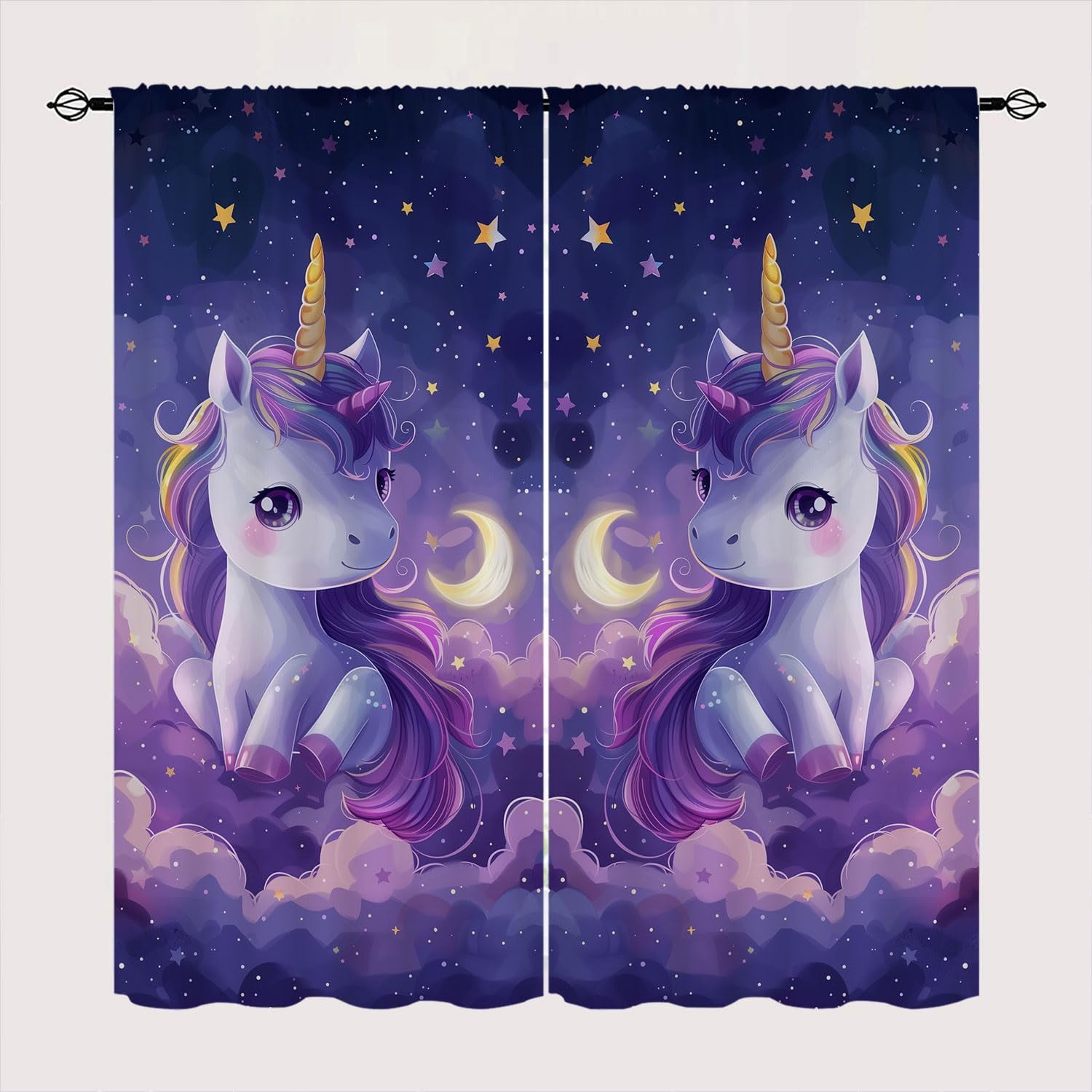 Cute Unicorn Blackout Curtains for Kid Girls Boys Bedroom, Cartoon Stars Moon Dreamy Fantasy Rod Pocket Darkening Thermal Insulated Curtains for Bedroom Living Room, W42 x L63 Inch