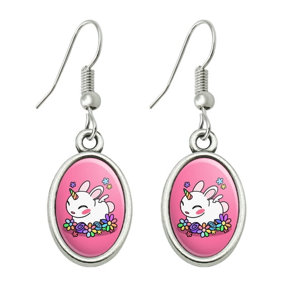 Cute Unicorn Bunny Rabbit with Rainbow Flowers Novelty Dangling Drop Oval Charm Earrings