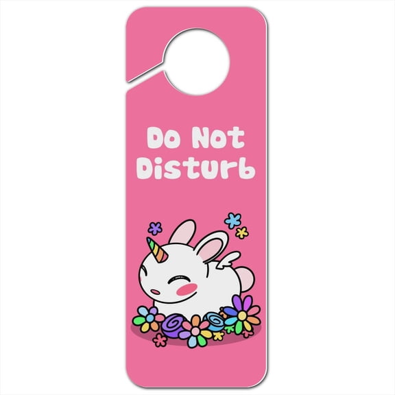 Cute Unicorn Bunny Rabbit with Rainbow Flowers Plastic Door Knob Hanger Sign