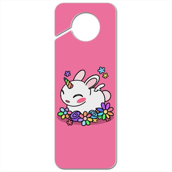 Cute Unicorn Bunny Rabbit with Rainbow Flowers Plastic Door Knob Hanger Sign