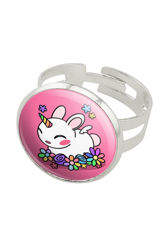 Cute Unicorn Bunny Rabbit with Rainbow Flowers Silver Plated Adjustable Novelty Ring