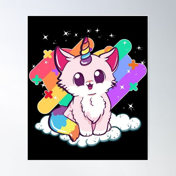 Cute Unicorn Cat Adorable Magical Rainbow Kitty Poster Wall Art, Modern Wall Decor For Living Room Bedroom, 12x18 UNFRAMED