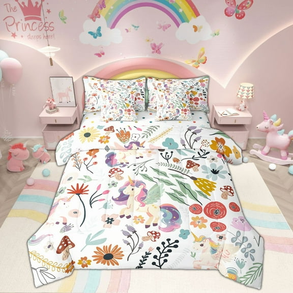 Cute Unicorn Comforter Set 7 Piece Bed in a Bag Twin,Mushroom Floral Cartoon Animal Bedding Sets Watercolor Flowers Leaves Sheet Set with Comforter