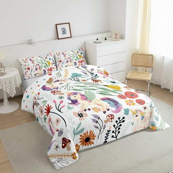 Cute Unicorn Comforter Set Mushroom Floral Queen Bedding Sets,Cartoon Animal Quilt Watercolor Flowers Leaves Duvet Insert,Kawaii Room Decor