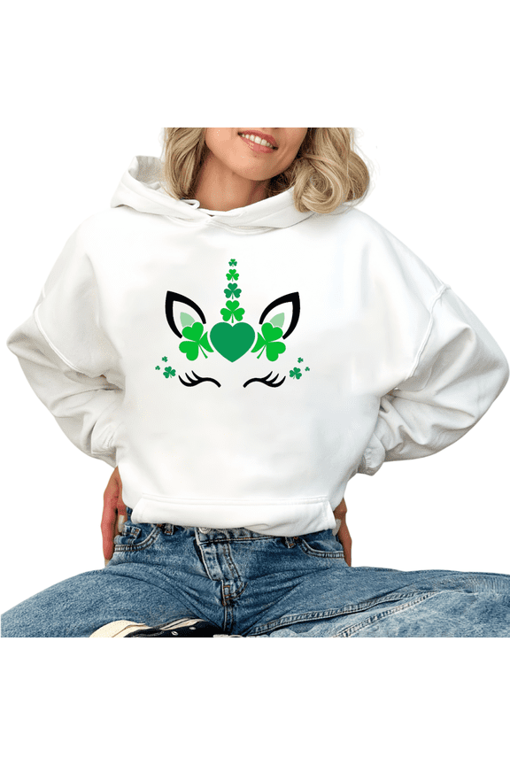 St Patricks Day Shamrock Unicorn Face Print hoodie Graphic Sweatshirt White S-2XL Womens Cute Holiday Tops
