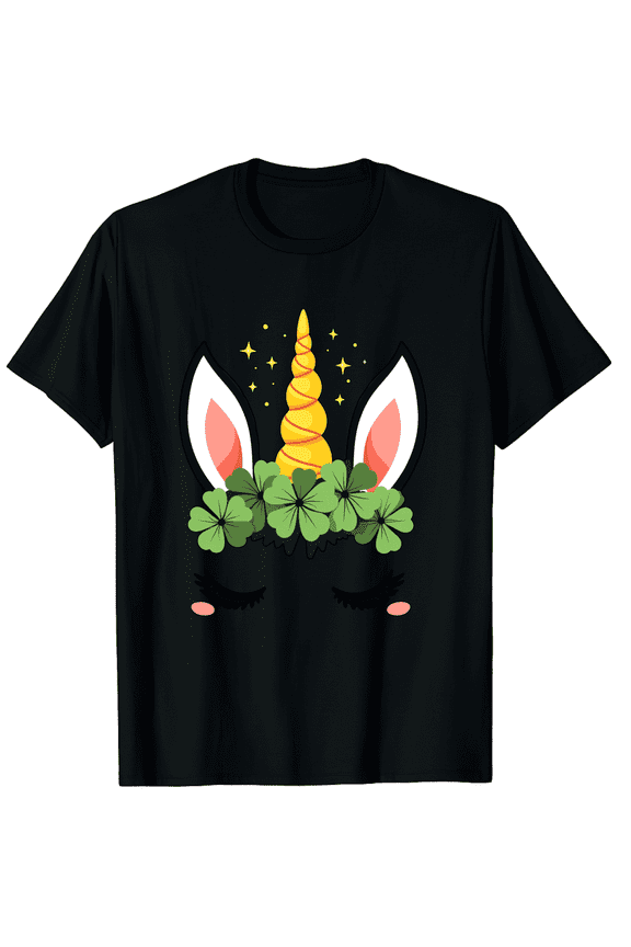 Cute Unicorn Face With Shamrock Men Women Short Sleeve Graphic T-Shirt, St Patricks Day Girly Design Tee