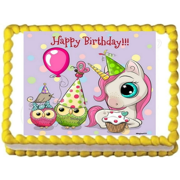 Cute Unicorn Happy Birthday Image Edible Cake Topper