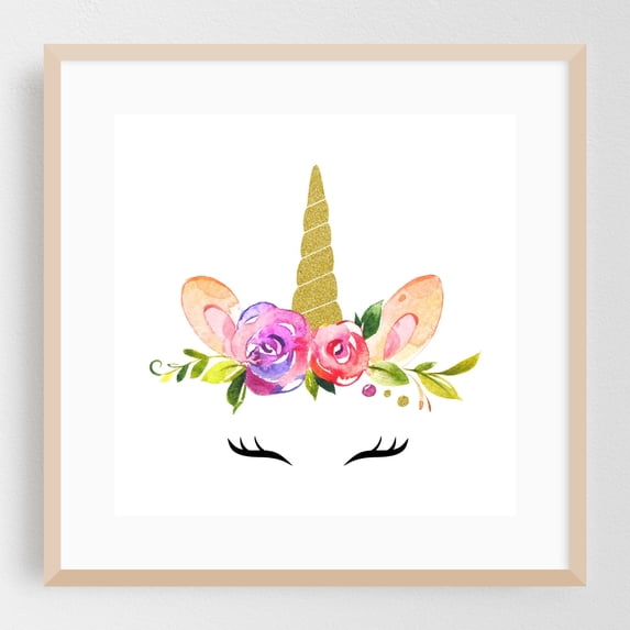 Cute Unicorn, Magical Unicorn, Fairy Tale, Girl Nursery - Illustration Watercolor Floral Fantasy Whimsical Oak Framed Wall Art Print 16 x 16 inches