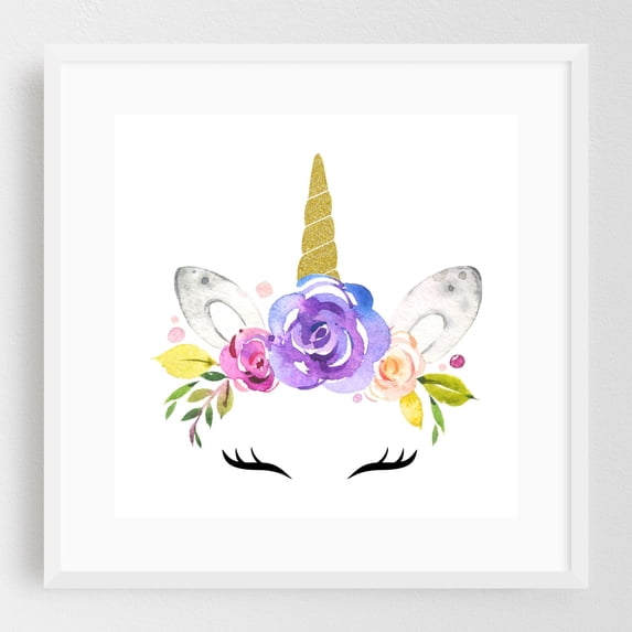 Cute Unicorn, Magical Unicorn, Fairy Tale, Girl Nursery - Illustration Watercolor Floral Fantasy Whimsical Pastel White Framed Wall Art Print 12 x 12 inches