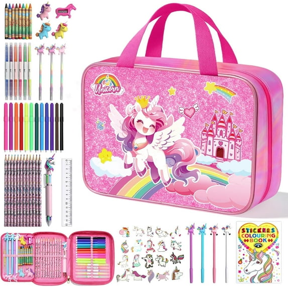 JYPS Unicorn Art Supplies Bag for Girls,73 Pcs Colouring Drawing Set for Kids with Fruit Scented Markers,Coloring Book,Crayon,Arts Crafts Travel Painting Kits,Birthday Presents for Girls Age 4-10