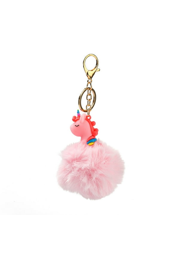 Cute Unicorn PVC & Imitate Rex Rabbit Fur Ball Keychain with Alloy Clasp for Bag Car Key Decoration Pink 16.8~16.9cm