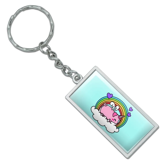 Cute Unicorn Pig with Rainbow Rectangle Keychain in Chrome Plated Metal