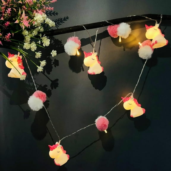 Cute Unicorn Pom Poms String Lights Battery Operated 5.4FT 10LEDs Night Mood Light for Boys Girls Bedroom Wedding Party Decoration