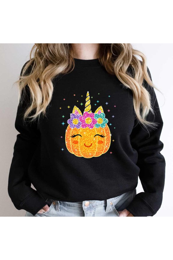 Cute Unicorn Pumpkin, Funny Halloween Thanksgiving Graphic Tee SW22277 Unisex Sweatshirt, Up to Size 5XL