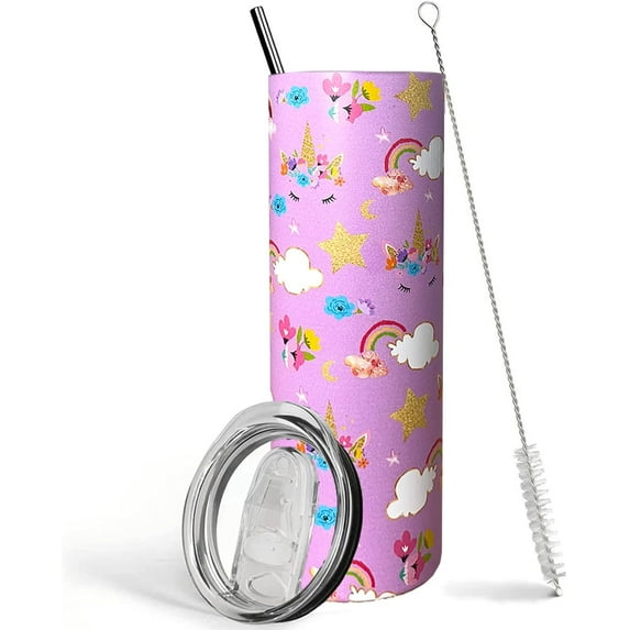 Cute Unicorn Skinny Tumbler with Lid and Straw, Unicorn Coffee Travel Mug for Girls Unicorn Cup Insulated Tumbler 20oz Double Wall Water Bottle Unicorn Gifts for Birthday Christmas