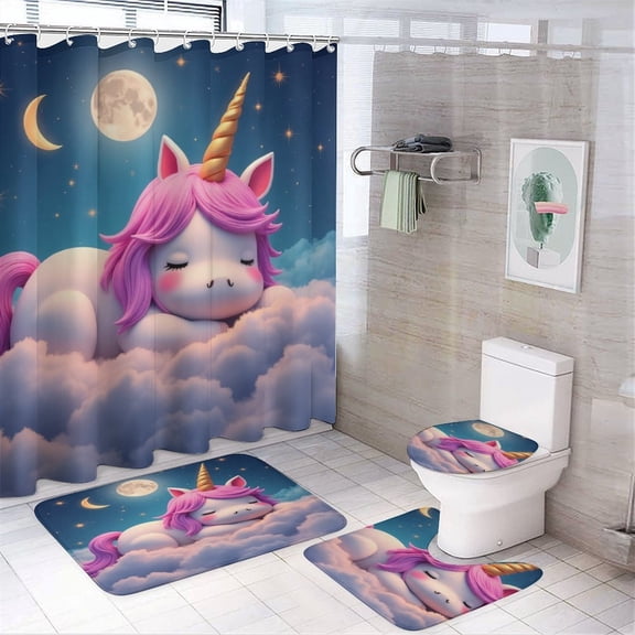 Cute Unicorn Sleeping on Clouds Shower Curtain Bathroom Sets Toilet Lid Rug, Bath Mat And Contour Mat, Shower Curtain 4Pcs