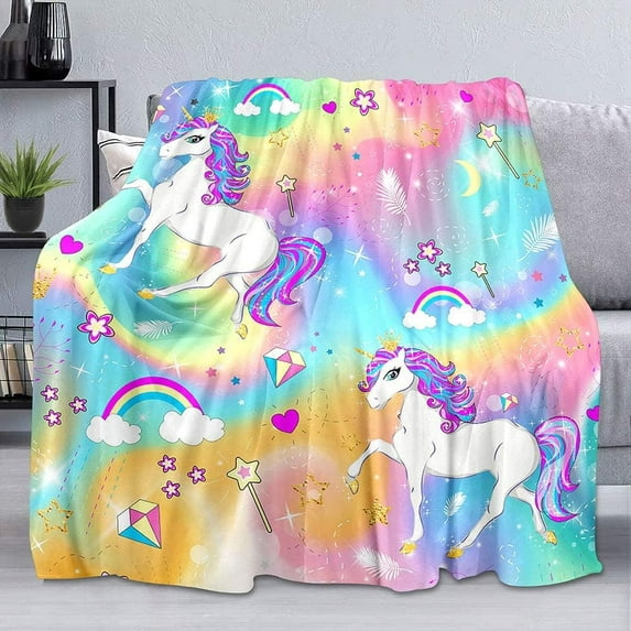 Cute Unicorn Throw Blanket, Colorful Rainbow Cartoon Star Diamond Kids Blanket, Cozy Soft Warm Lightweight Fuzzy Flannel Fleece Blanket for Couch, Sofa, Unicorn Gifts for Girls, 40"x50"