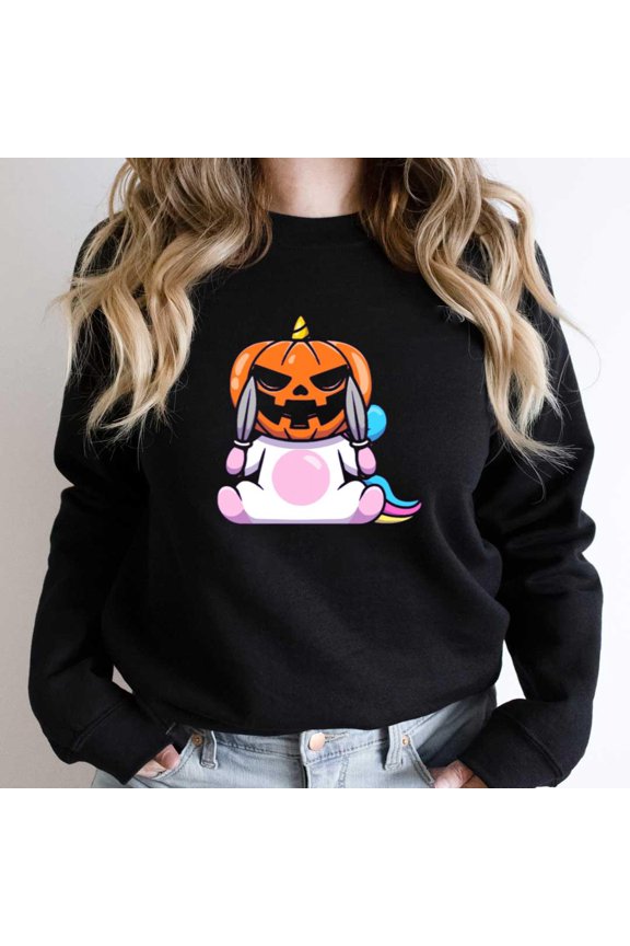 Cute Unicorn Wearing a Halloween Pumpkin Mask Graphic Tee, Magical - Breathable Material SW17792 Unisex Sweatshirt, Up to Size 5XL