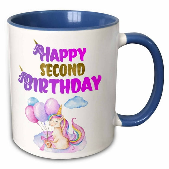 3drose, Cute Unicorn with Balloons Happy Second Birthday, 15oz Two-tone Blue Mug