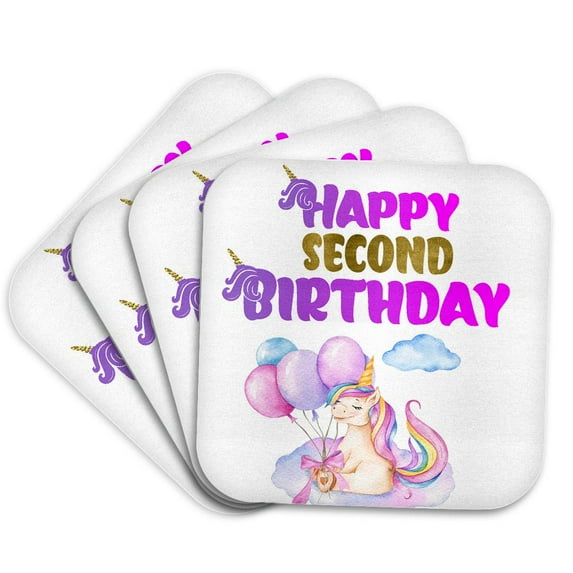 3drose, Cute Unicorn with Balloons Happy Second Birthday, Set of 4 Coasters - Soft