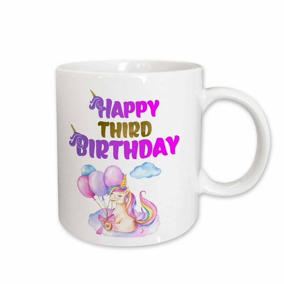 3drose, Cute Unicorn with Balloons Happy Third Birthday, 11oz Mug