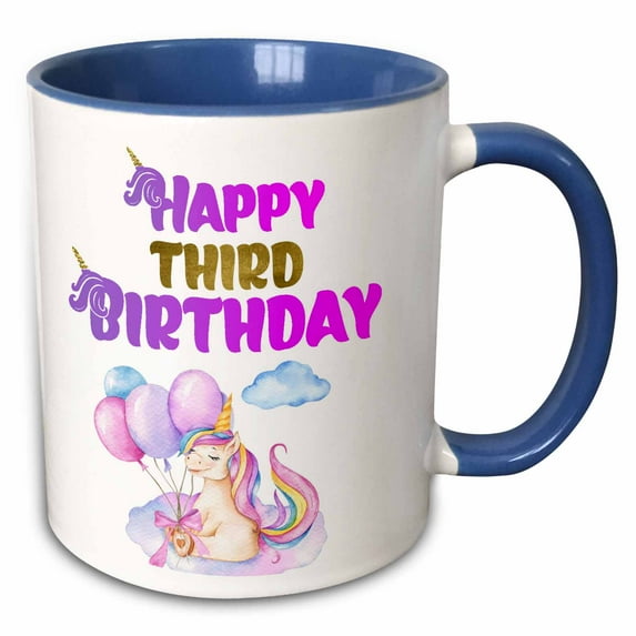 3drose, Cute Unicorn with Balloons Happy Third Birthday, 11oz Two-tone Blue Mug