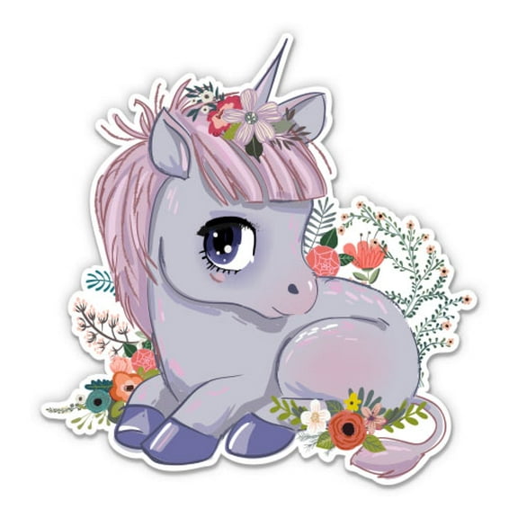 Cute Unicorn With Flowers Pretty - 12" Vinyl Sticker Waterproof Decal
