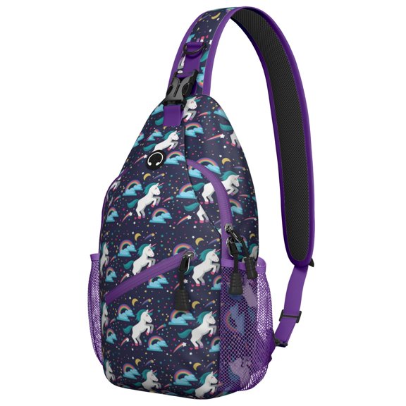 Cute Unicorn and Butterfly Fantasy Scene Sling Backpack, Rainbow Crossbody Bag with Galaxy Sky, Stars, Clouds and Moon Design