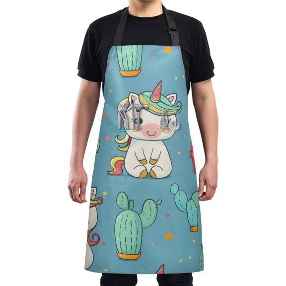 Cute Unicorn and Cactus Kitchen Apron with 2 Pockets Adjustable waterproof Cooking Aprons for Women Men Chef