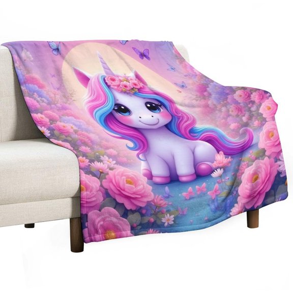 Cute Unicorn in Floral Fantasy Blankets Bedroom Living Room Sofa Throw Blankets for Beds