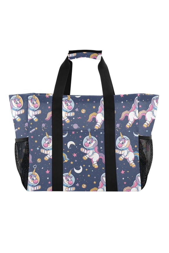 Cute Unicorn in Space Reusable Grocery Bags with Handle Side Pocket Waterproof Shopping Portable Tote