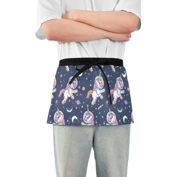 Cute Unicorn in Space Server Apron with 3 Pockets Waterproof Waitress Waist Short Apron for Man Woman 12 Inches