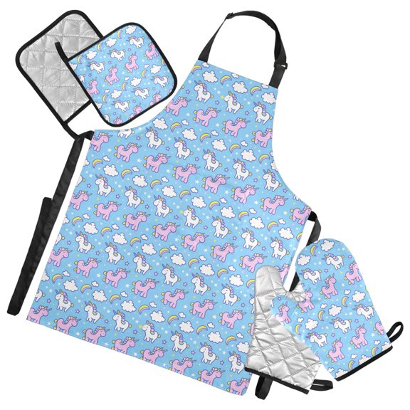 Cute Unicorn with Cloud 5 Pcs Kitchen Set Heat Resistant Oven Mitts and Non-Slip Pot Holders with Adjustable Cooking Apron