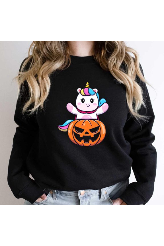 Cute Unicorn with Halloween Pumpkin, Funny Magical Holiday Graphic - Perfect Birthday Present SW22439 Unisex Sweatshirt, Up to Size 5XL