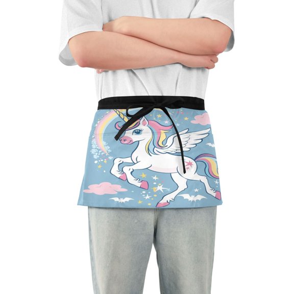 Cute Unicorn with Moon Server Apron with 3 Pockets Waterproof Waitress Waist Short Apron for Man Woman 12 Inches