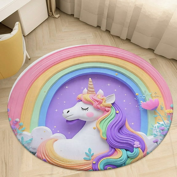 Cute Unicorn with Rainbow Round Area Rugs for Bedroom Living Room, 4FT Soft Comfy Indoor Circle Carpets, Floor Mat