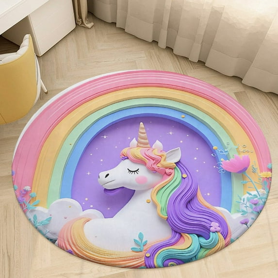 Cute Unicorn with Rainbow Round Area Rugs for Bedroom Living Room, 5FT Soft Indoor Circle Carpets, Carpet Home Decor Floor Mat