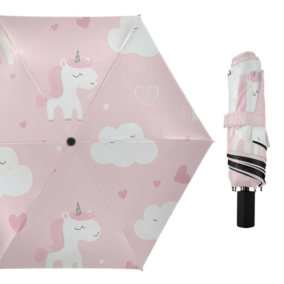 Cute Unicorns Clouds Rainbows Hearts Valentine All Weather Umbrella Triple Folding Parasol 6 Ribs UV Protection Portable