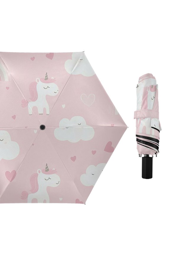 Cute Unicorns Clouds Rainbows Hearts Valentine All Weather Umbrella Triple Folding Parasol 6 Ribs UV Protection Portable