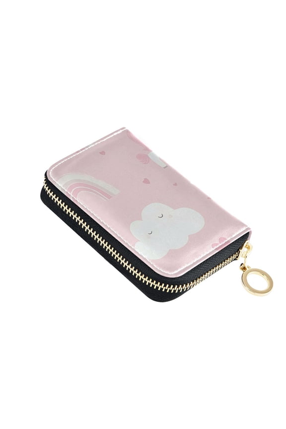 Cute Unicorns Clouds Rainbows Hearts Valentine Women's Credit Card Holder PU Leather Zipper Wallet RFID Blocking