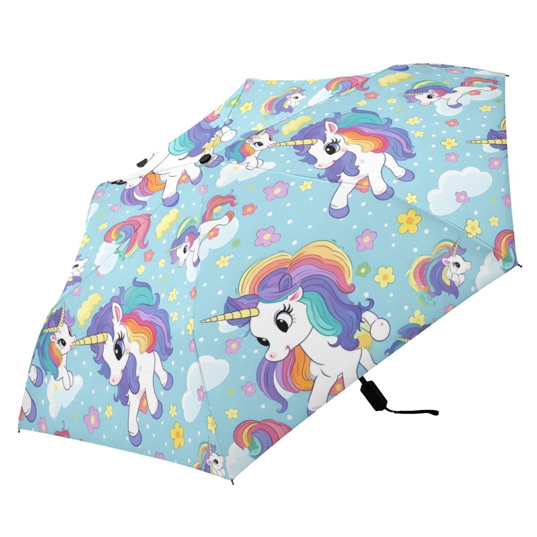 Cute Unicorns Compact Folding Umbrella for Rain Windproof Travel Umbrella UPF 50+ Lightweight Packable Arc Size