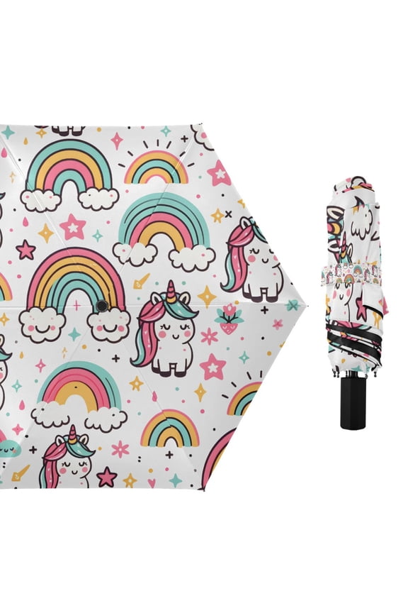 Cute Unicorns and Rainbow Compact Sun Umbrella Windproof Travel Umbrellas for Rain Strong Portable UV Protection