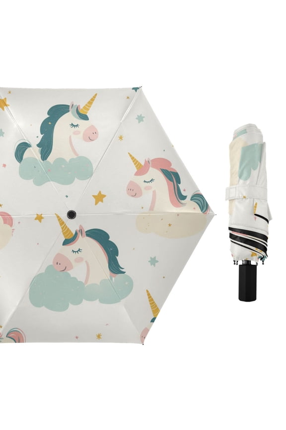 Cute Unicorns on Clouds Stars Pastel All Weather Umbrella Triple Folding Parasol 6 Ribs UV Protection Portable