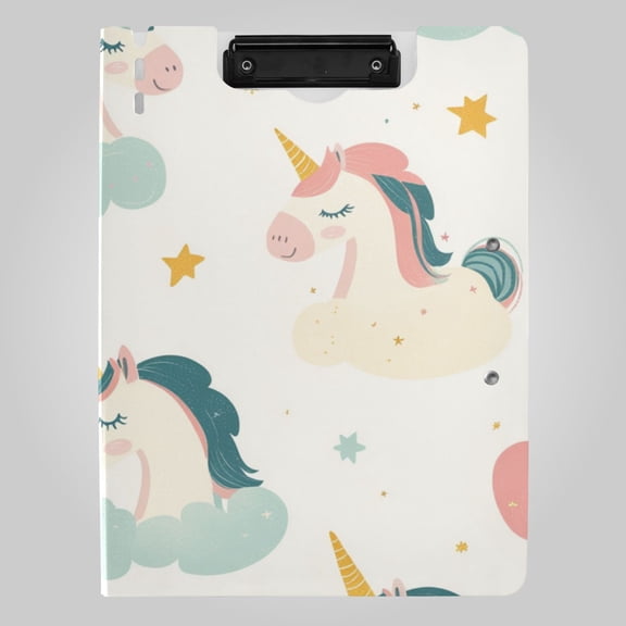 Cute Unicorns on Clouds Stars Pastel Foldable Binder Folder Clipboard with Pen Slot Double Clips A4 Size File Storage