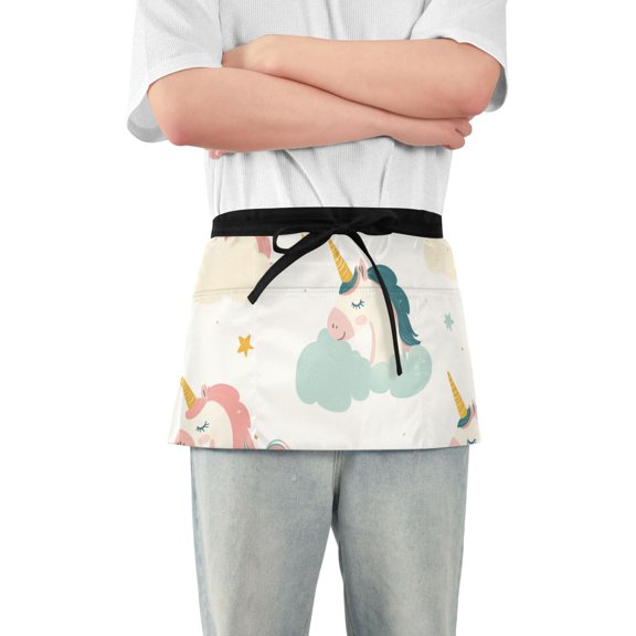 Cute Unicorns on Clouds Stars Pastel Short Server Apron with 3 Pockets for Unisex Chef Gardening